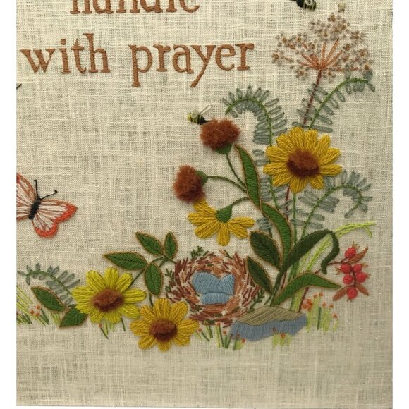 Vtg 80s Completed Life is Fragile Prayer Crewel Embroidery Bird Wall Hanging - Picture 8 of 16